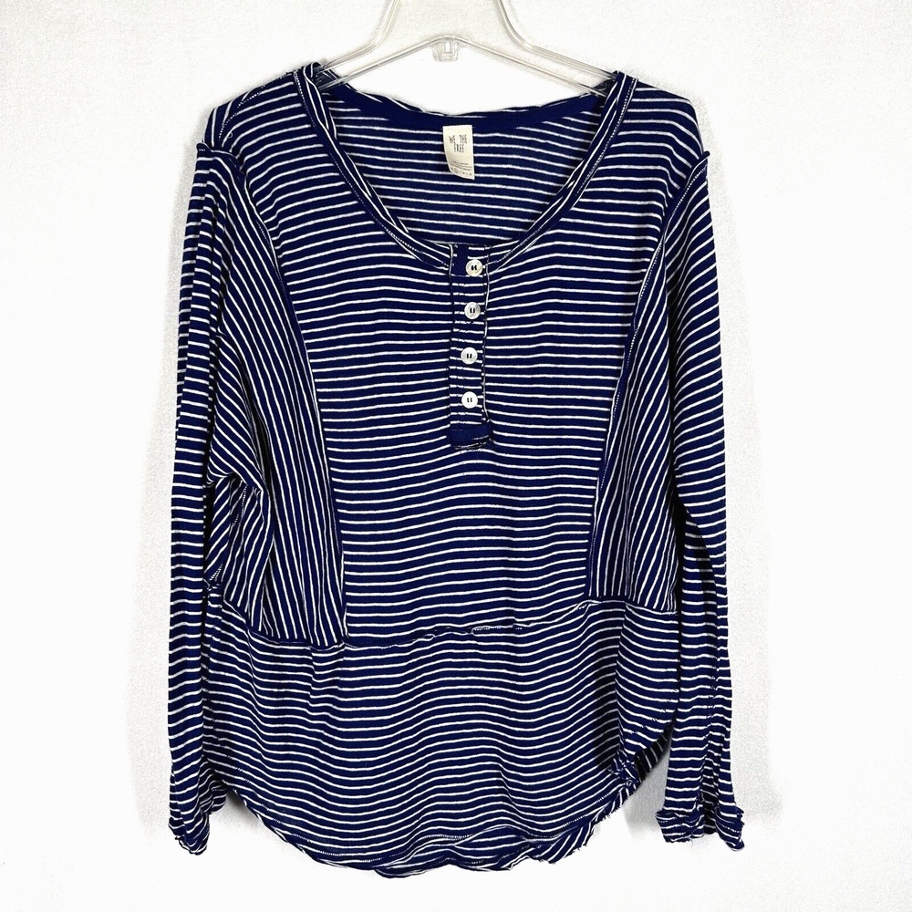 We The Free People Hong Kong Henley Top XS Blue White Stripe Linen Blend Boho